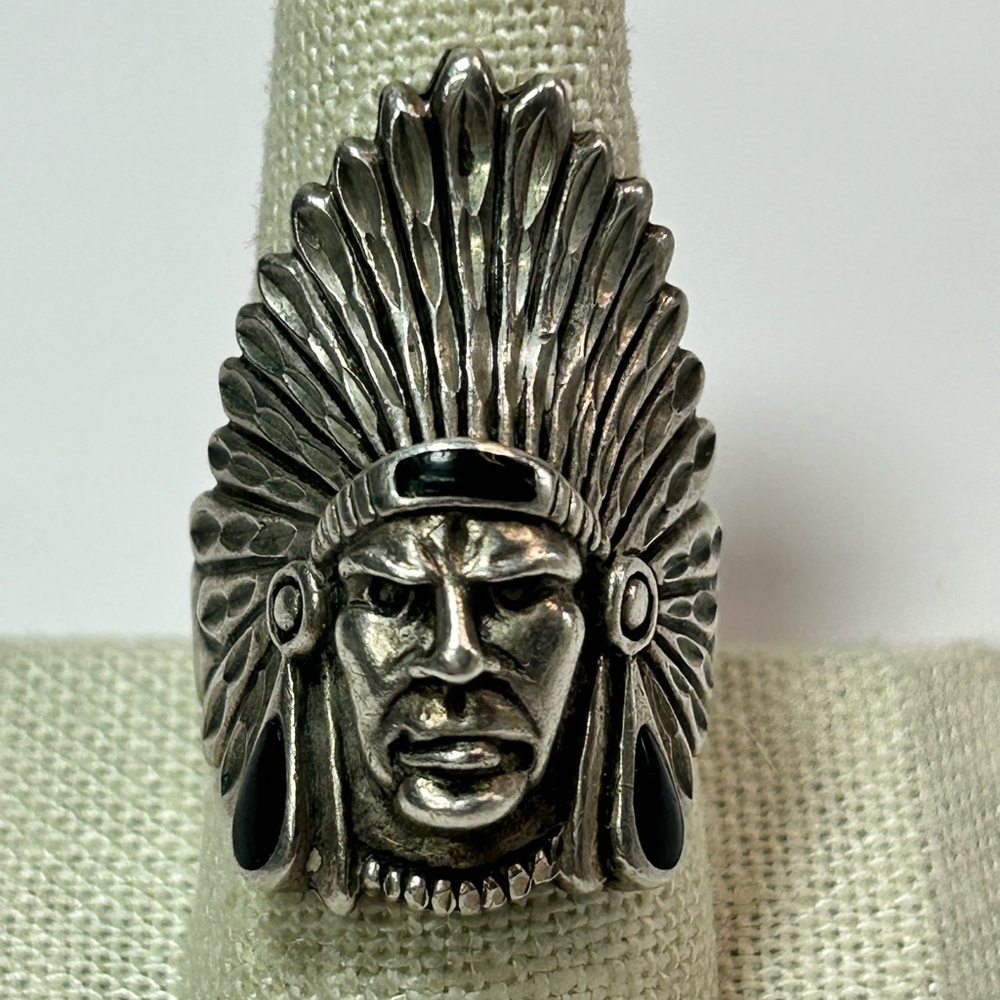 Vintage Signed Ted Ott Sterling Silver 925 Native Indian Chief Onyx Headdress
